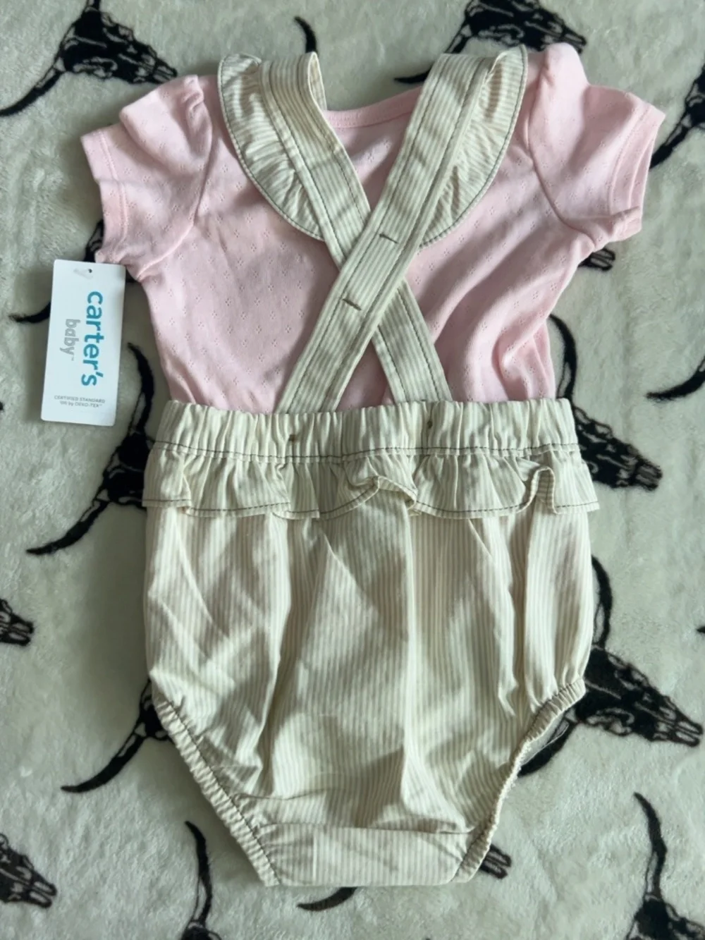 NWT Carter’s Baby Girl Pink Striped Overall Romper Set 12M